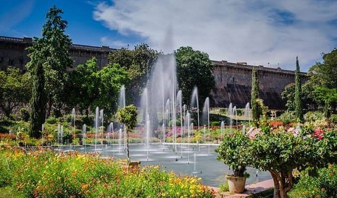 Musical fountain at Brindavan Gardens near Mysore, popular evening attraction